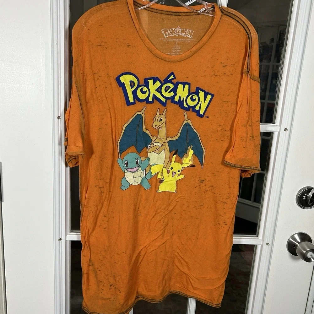 Pokémon Charizard Pikachu Squirtle Graphic Tee Orange Slub Knit Large